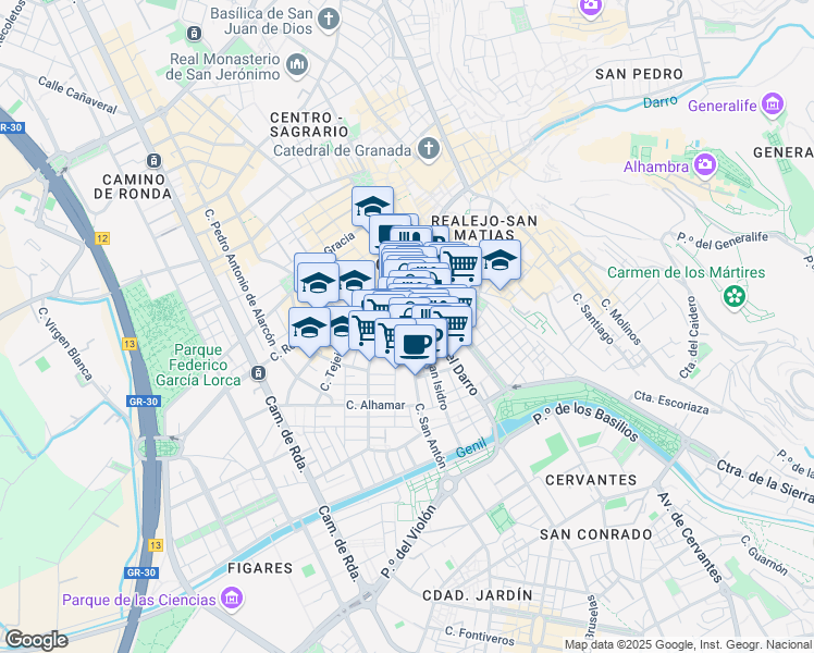 map of restaurants, bars, coffee shops, grocery stores, and more near 22 Calle San Antón in Granada