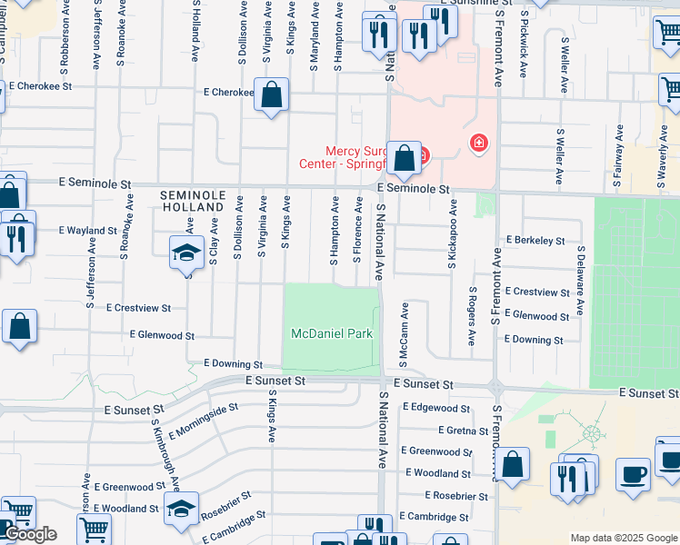 map of restaurants, bars, coffee shops, grocery stores, and more near 2350 South Hampton Avenue in Springfield