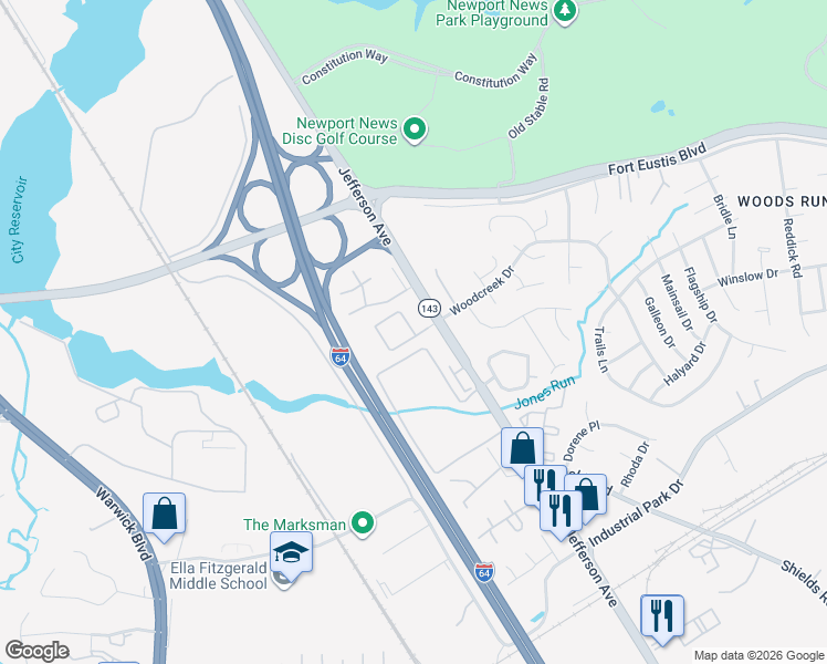 map of restaurants, bars, coffee shops, grocery stores, and more near Kate's Trace Circle in Newport News