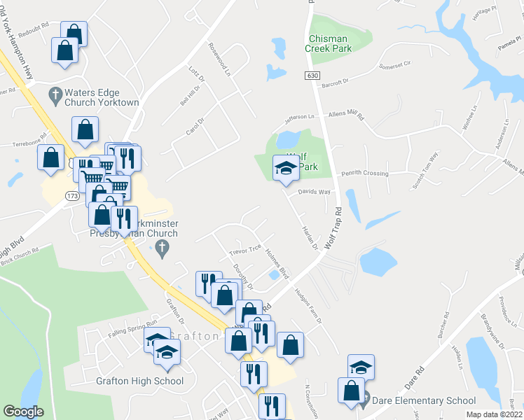 map of restaurants, bars, coffee shops, grocery stores, and more near 115 Nathan Place in Yorktown