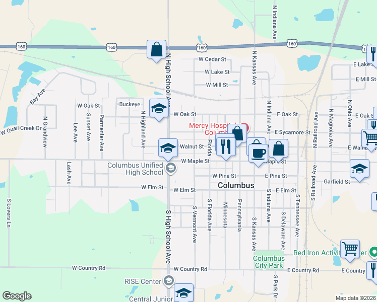 map of restaurants, bars, coffee shops, grocery stores, and more near 100-198 North Vermont Avenue in Columbus