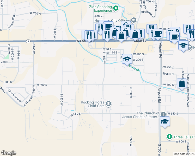 map of restaurants, bars, coffee shops, grocery stores, and more near 331 South 1230 West in Hurricane