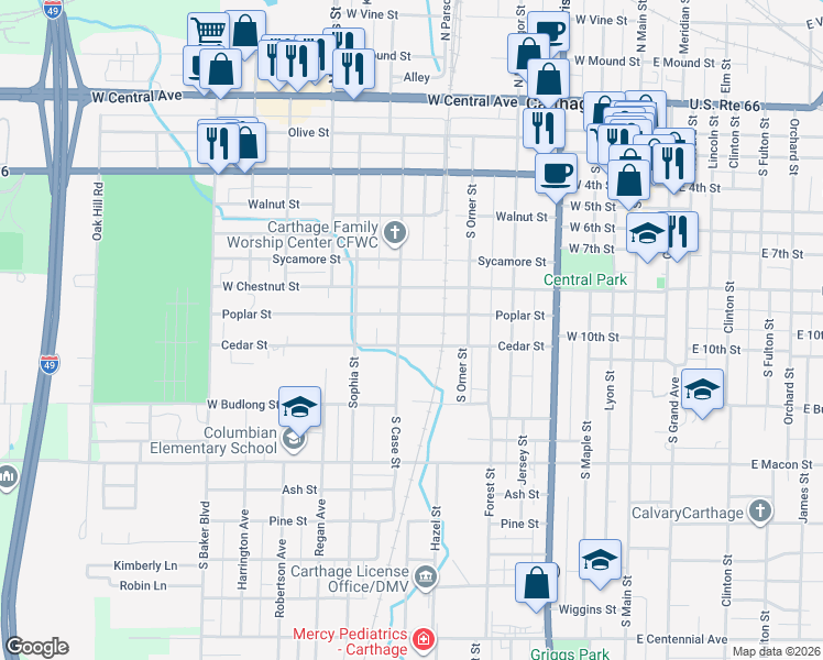 map of restaurants, bars, coffee shops, grocery stores, and more near 912 South Case Street in Carthage