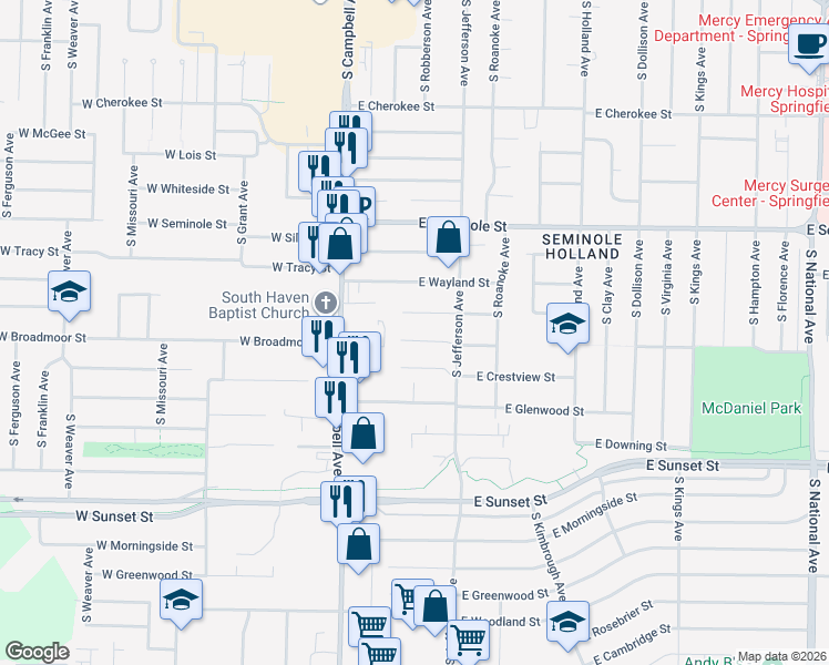 map of restaurants, bars, coffee shops, grocery stores, and more near 215 East Broadmoor Street in Springfield