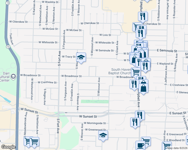 map of restaurants, bars, coffee shops, grocery stores, and more near 2361 South Missouri Avenue in Springfield