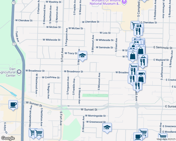 map of restaurants, bars, coffee shops, grocery stores, and more near 2365 South Thelma Avenue in Springfield