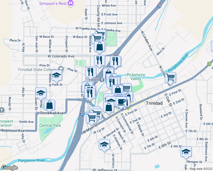 map of restaurants, bars, coffee shops, grocery stores, and more near 499 West Market Street in Trinidad
