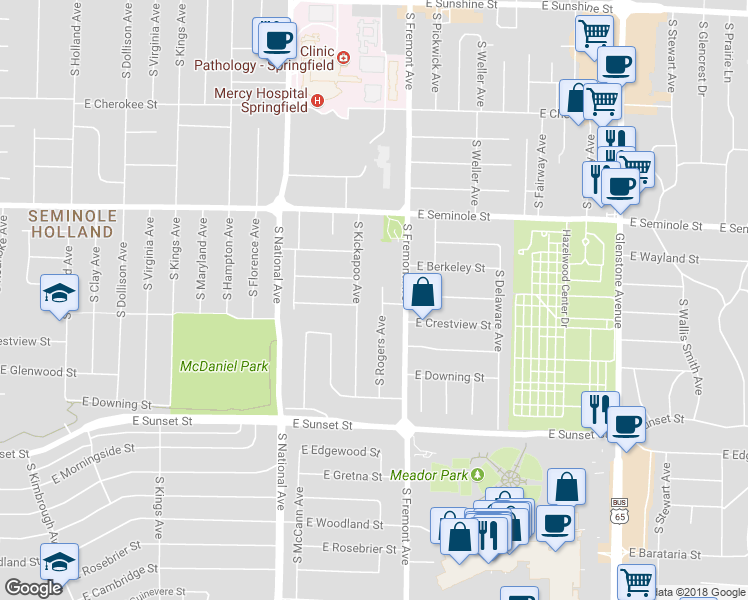 map of restaurants, bars, coffee shops, grocery stores, and more near 2345 South Rogers Avenue in Springfield
