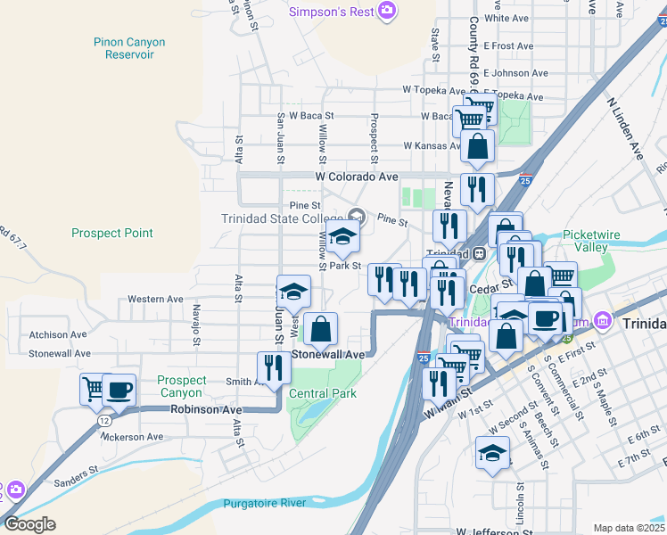 map of restaurants, bars, coffee shops, grocery stores, and more near 614 Park Street in Trinidad