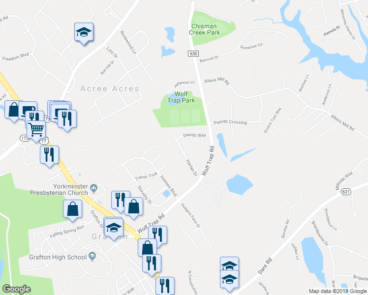 map of restaurants, bars, coffee shops, grocery stores, and more near 114 Harlan Drive in Yorktown