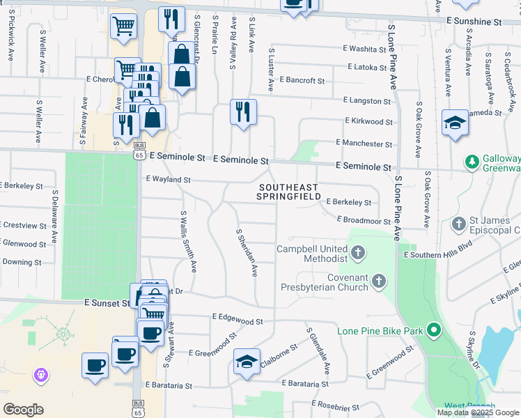 map of restaurants, bars, coffee shops, grocery stores, and more near 2162 E Berkeley St in Springfield