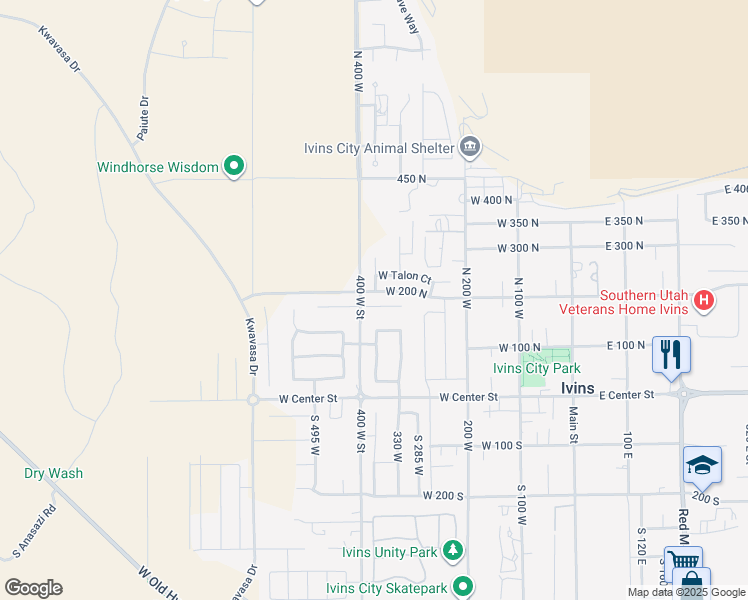 map of restaurants, bars, coffee shops, grocery stores, and more near 378 Redstone Court in Ivins