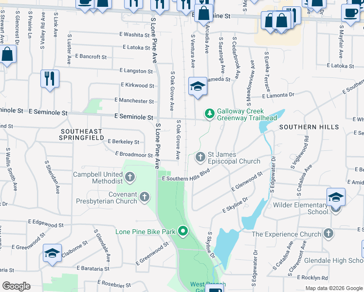 map of restaurants, bars, coffee shops, grocery stores, and more near 2316 South Oak Grove Avenue in Springfield
