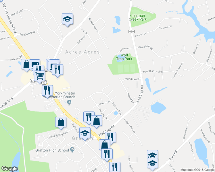 map of restaurants, bars, coffee shops, grocery stores, and more near 119 Kristin Court in Yorktown