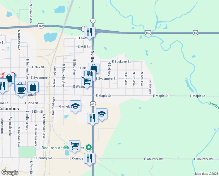 map of restaurants, bars, coffee shops, grocery stores, and more near 1100 East Walnut Street in Columbus