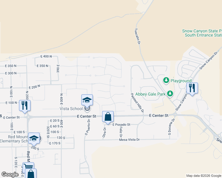 map of restaurants, bars, coffee shops, grocery stores, and more near 186 Desert Lane in Ivins