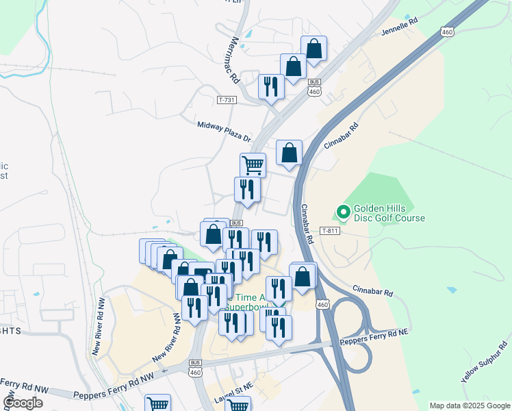 map of restaurants, bars, coffee shops, grocery stores, and more near 75 Red Oak Drive Northeast in Christiansburg