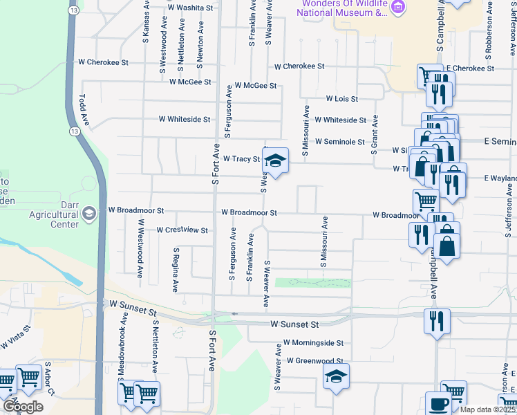 map of restaurants, bars, coffee shops, grocery stores, and more near 1107 West Broadmoor Street in Springfield