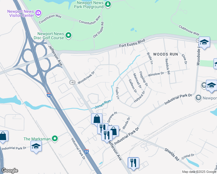 map of restaurants, bars, coffee shops, grocery stores, and more near in Newport News