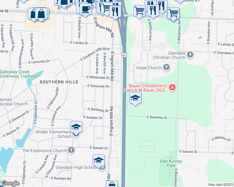map of restaurants, bars, coffee shops, grocery stores, and more near 2236 South Ingram Mill Road in Springfield