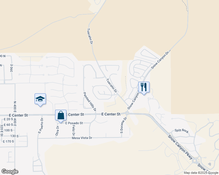map of restaurants, bars, coffee shops, grocery stores, and more near 140 Tuacahn Drive in Ivins