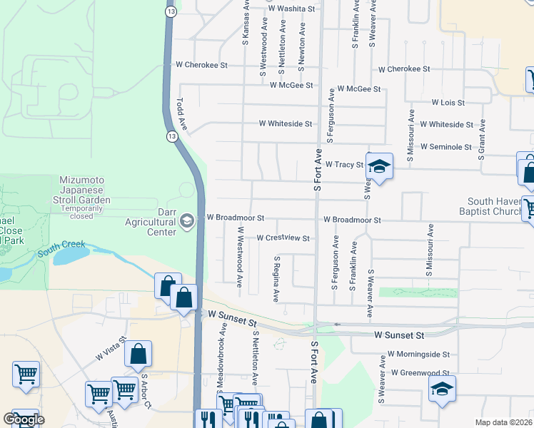 map of restaurants, bars, coffee shops, grocery stores, and more near 1503 West Broadmoor Street in Springfield