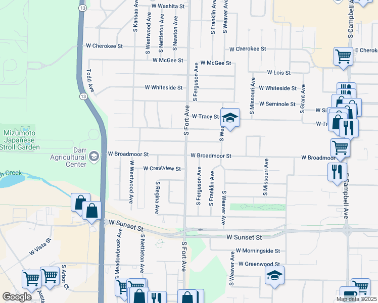 map of restaurants, bars, coffee shops, grocery stores, and more near 1233 W Broadmoor St in Springfield
