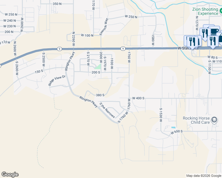 map of restaurants, bars, coffee shops, grocery stores, and more near 380 South 1760 West in Hurricane