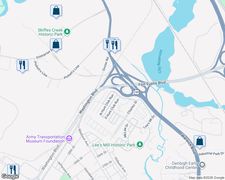 map of restaurants, bars, coffee shops, grocery stores, and more near 218 North Hunt Club Run in Newport News