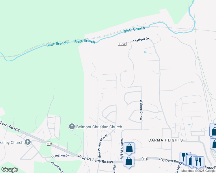 map of restaurants, bars, coffee shops, grocery stores, and more near 150 Sage Lane in Christiansburg