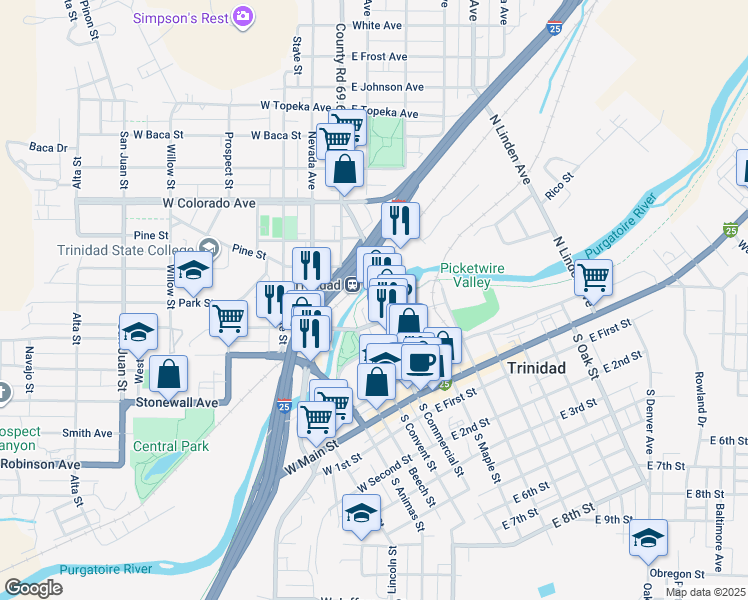 map of restaurants, bars, coffee shops, grocery stores, and more near 499 West Market Street in Trinidad