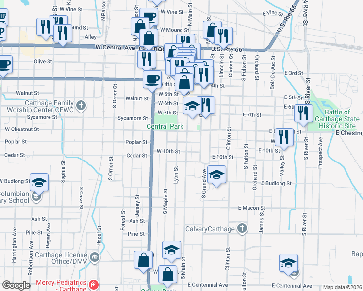 map of restaurants, bars, coffee shops, grocery stores, and more near 914 South Main Street in Carthage