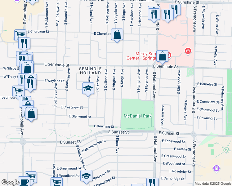 map of restaurants, bars, coffee shops, grocery stores, and more near 2349 South Kings Avenue in Springfield