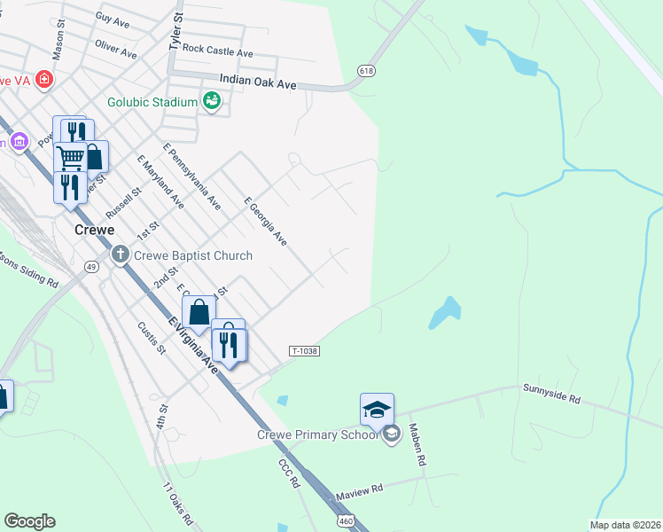 map of restaurants, bars, coffee shops, grocery stores, and more near 706 East Georgia Avenue in Crewe