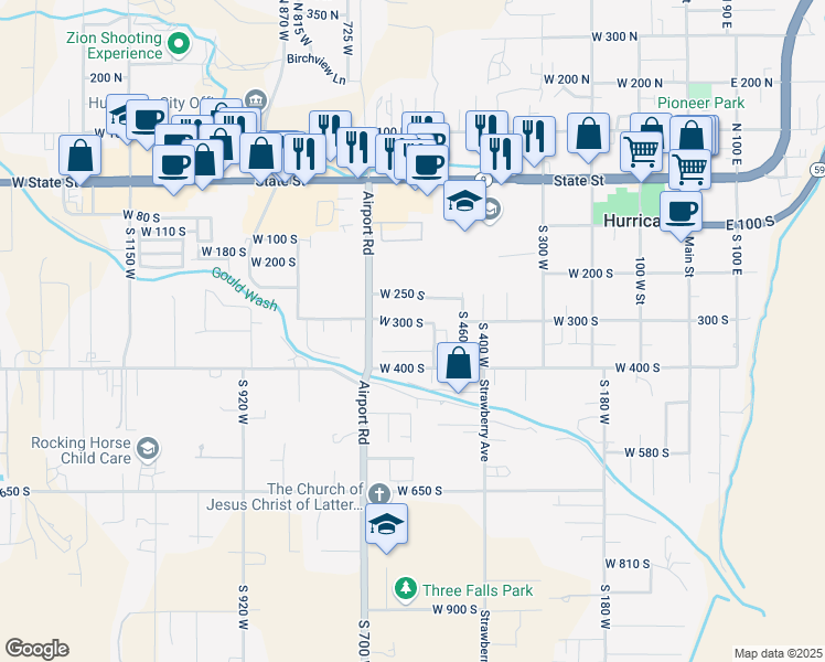 map of restaurants, bars, coffee shops, grocery stores, and more near 591 West 300 South in Hurricane