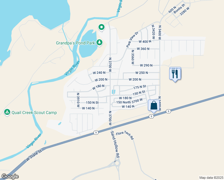 map of restaurants, bars, coffee shops, grocery stores, and more near 169 North 3670 West in Hurricane