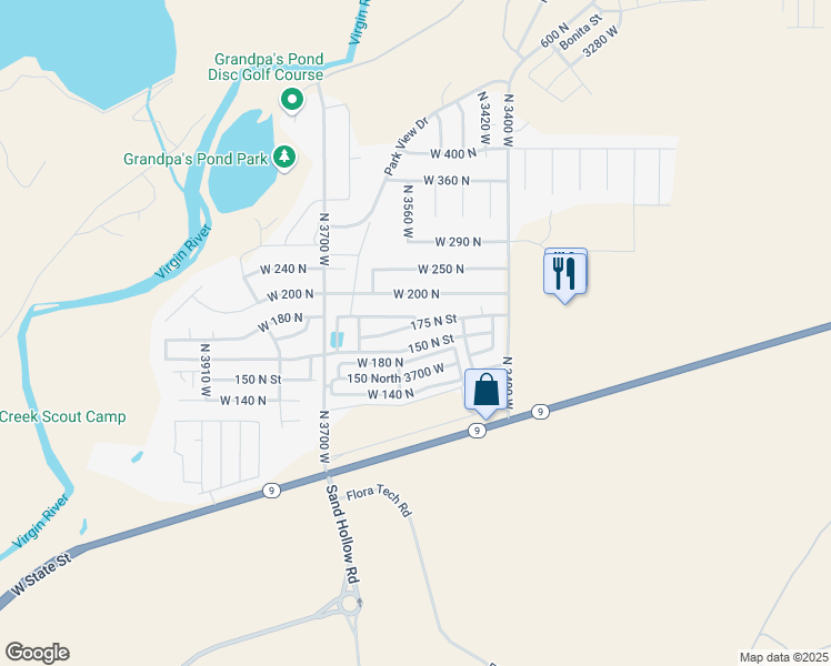 map of restaurants, bars, coffee shops, grocery stores, and more near 3504 150 North Street in Hurricane