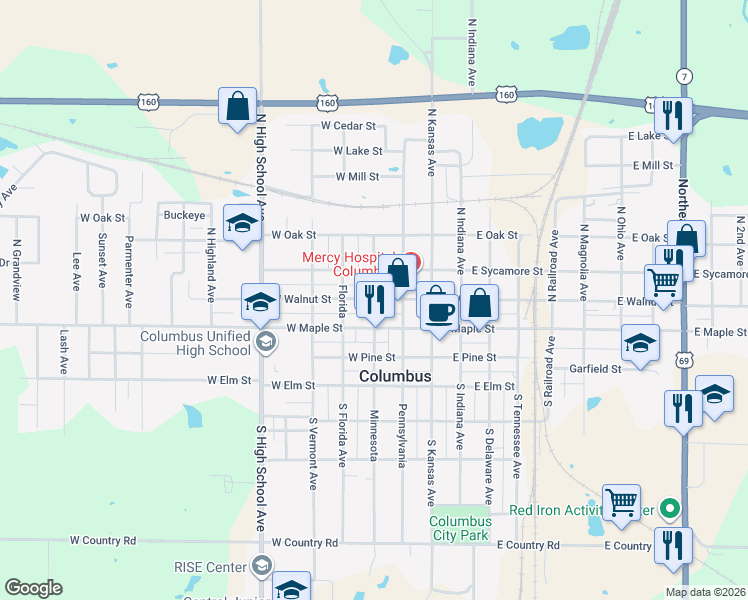 map of restaurants, bars, coffee shops, grocery stores, and more near 198 N Minnesota Ave in Columbus