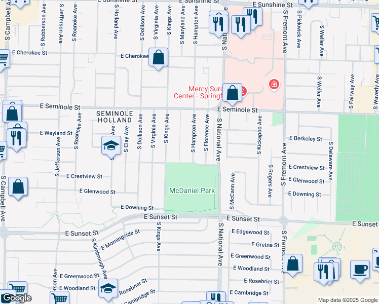 map of restaurants, bars, coffee shops, grocery stores, and more near 2350 S Hampton Ave in Springfield
