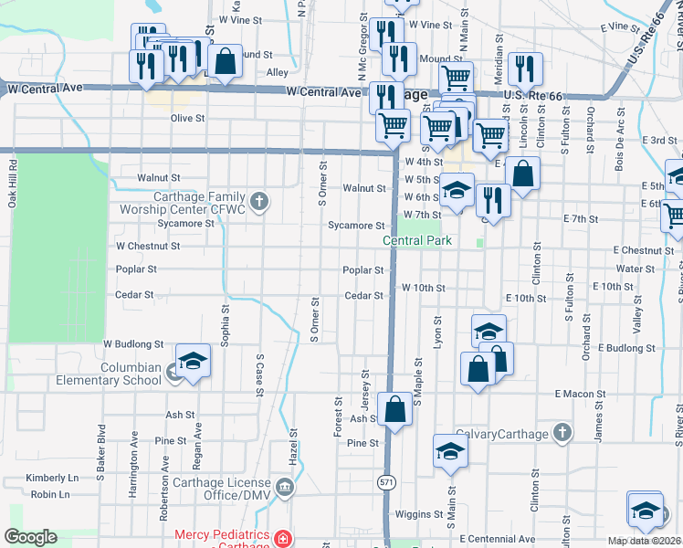 map of restaurants, bars, coffee shops, grocery stores, and more near 601 Cedar Street in Carthage
