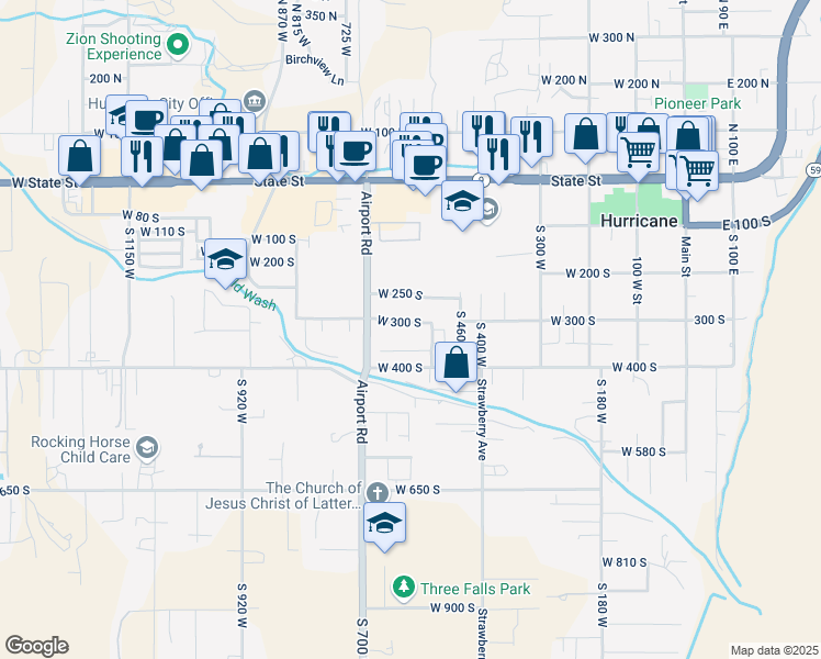 map of restaurants, bars, coffee shops, grocery stores, and more near 591 West 300 South in Hurricane