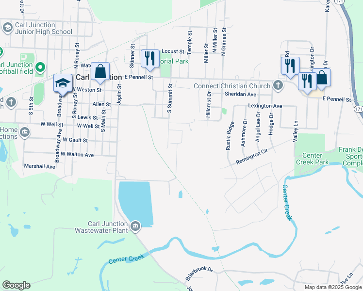 map of restaurants, bars, coffee shops, grocery stores, and more near 605 Valley View in Carl Junction