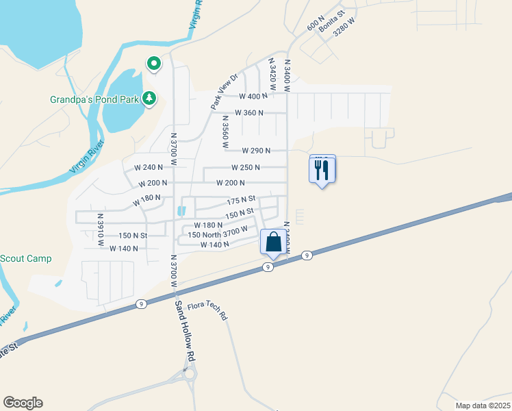 map of restaurants, bars, coffee shops, grocery stores, and more near 3454 150 North Street in Hurricane
