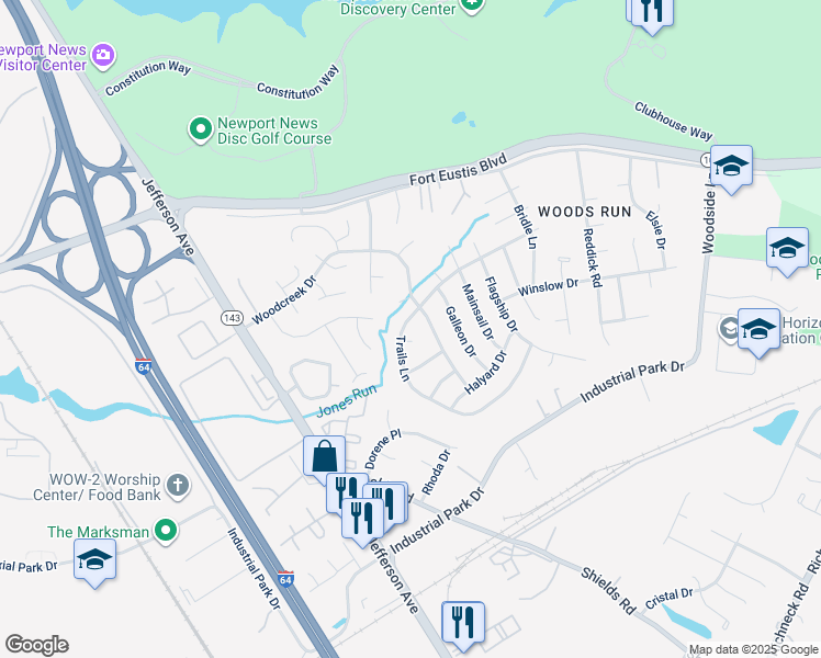 map of restaurants, bars, coffee shops, grocery stores, and more near 724 Trails Lane in Newport News