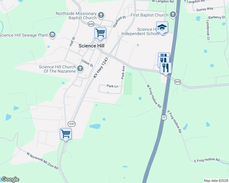 map of restaurants, bars, coffee shops, grocery stores, and more near Park Avenue in Science Hill