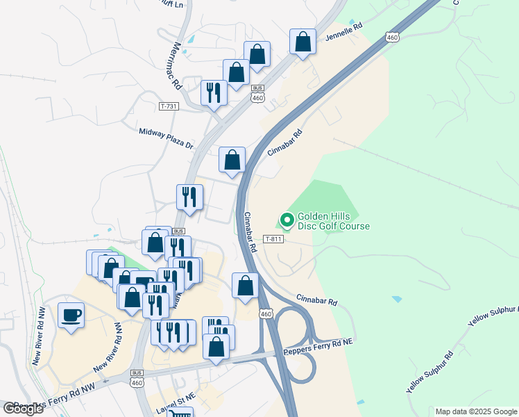 map of restaurants, bars, coffee shops, grocery stores, and more near 380 Cinnabar Road in Christiansburg