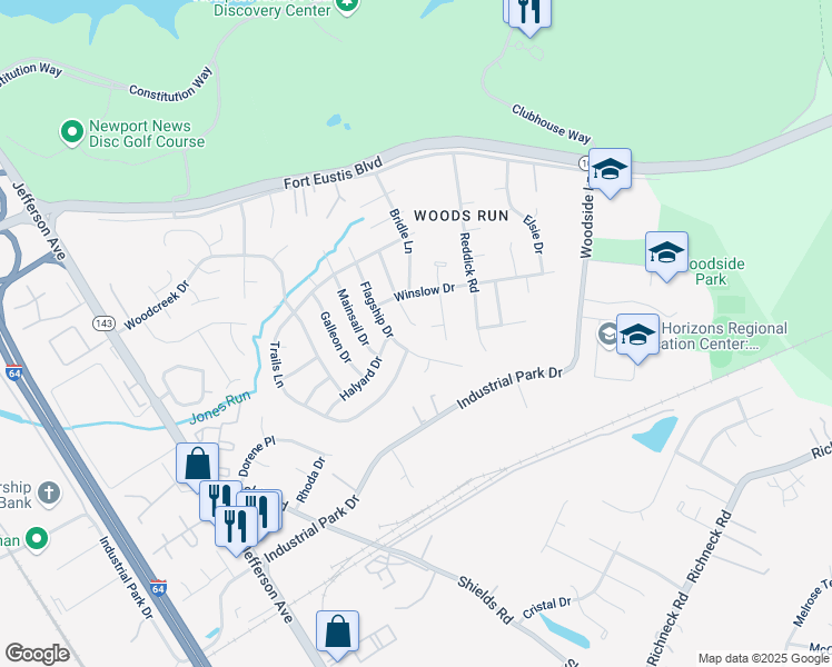 map of restaurants, bars, coffee shops, grocery stores, and more near 134 Gallop Place in Newport News