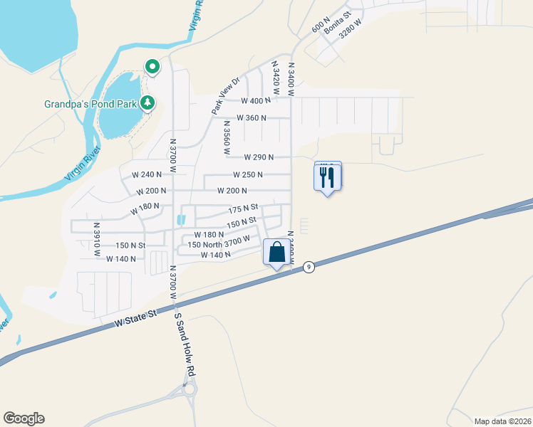 map of restaurants, bars, coffee shops, grocery stores, and more near 3445 150 North Street in Hurricane