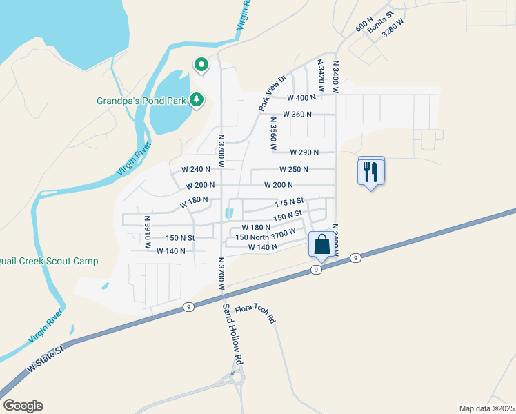 map of restaurants, bars, coffee shops, grocery stores, and more near 3578 175 North Street in Hurricane