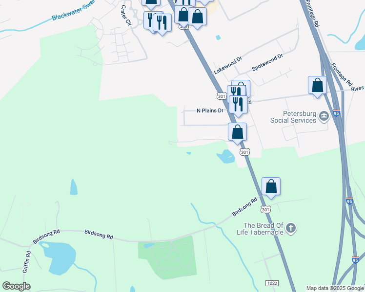 map of restaurants, bars, coffee shops, grocery stores, and more near 126 Richland Road in Petersburg